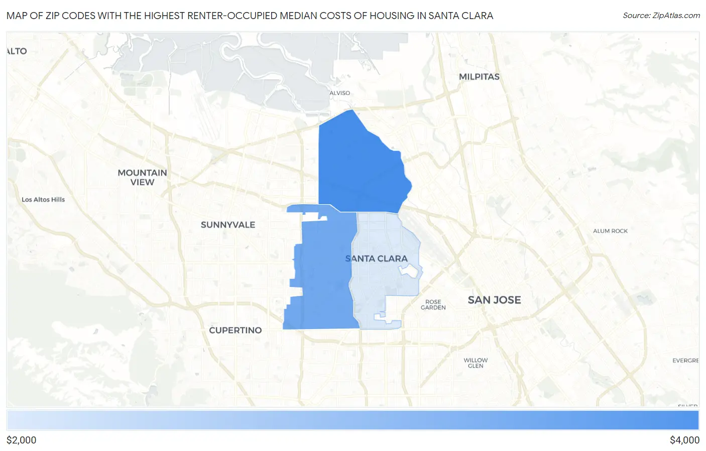 Zip Codes with the Highest Renter-Occupied Median Costs of Housing in Santa Clara Map