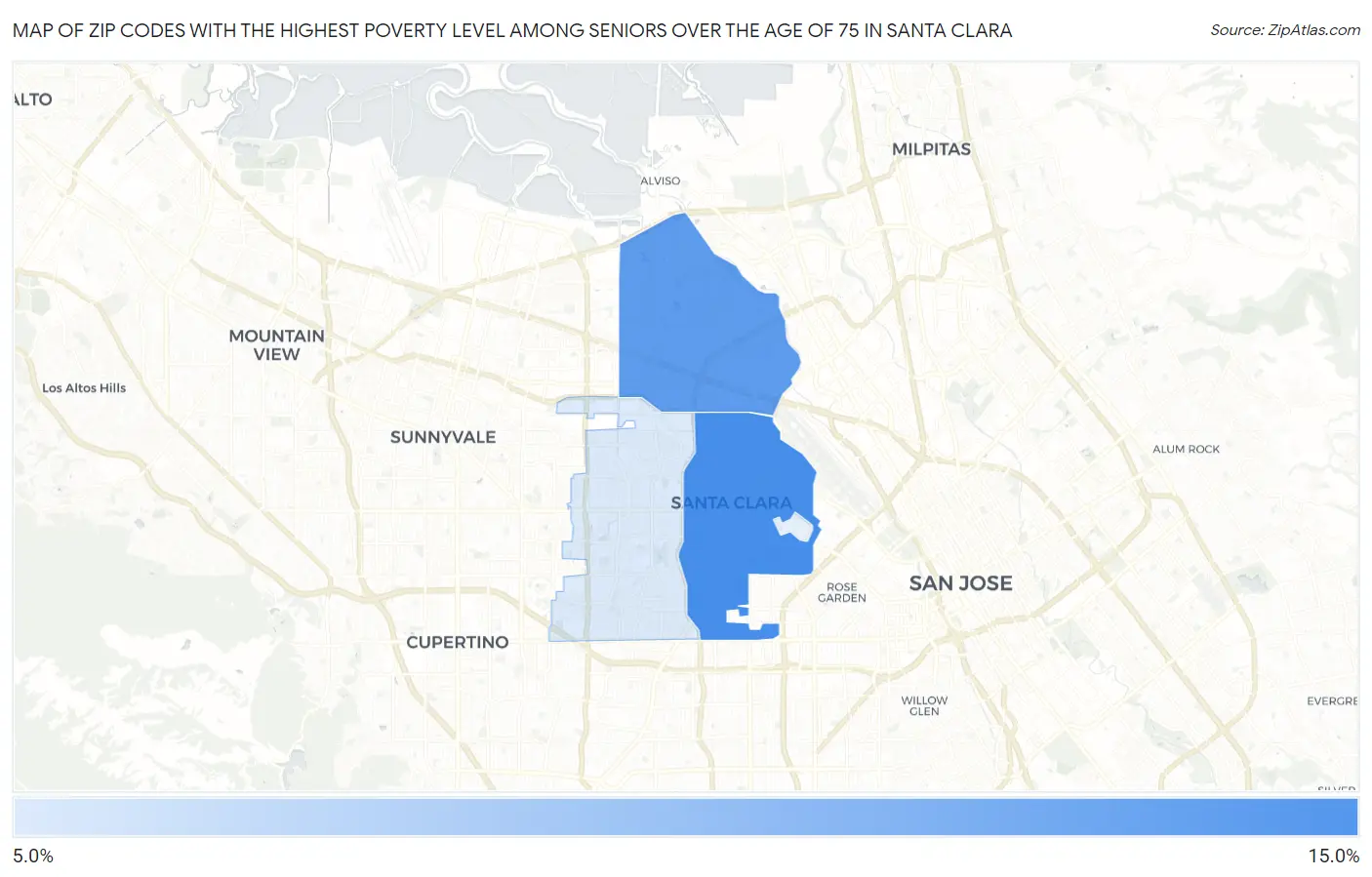 Zip Codes with the Highest Poverty Level Among Seniors Over the Age of 75 in Santa Clara Map