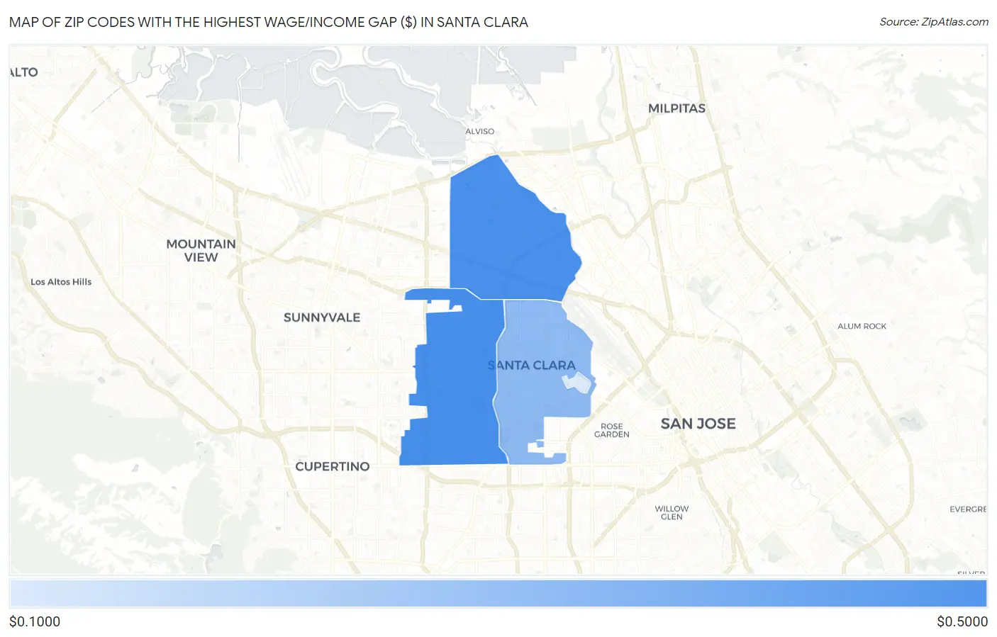 Zip Codes with the Highest Wage/Income Gap ($) in Santa Clara Map