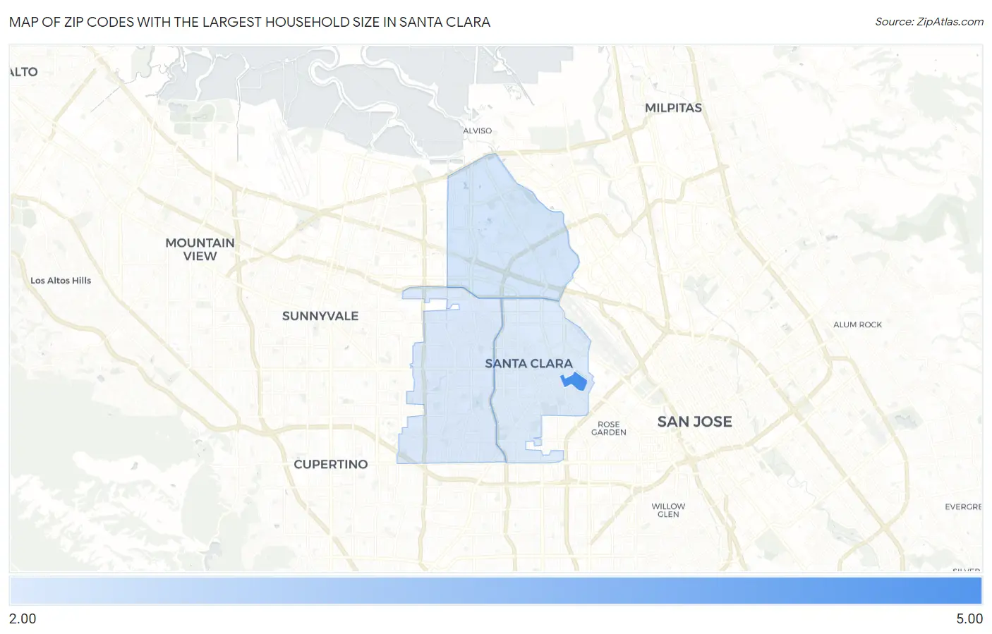 Zip Codes with the Largest Household Size in Santa Clara Map