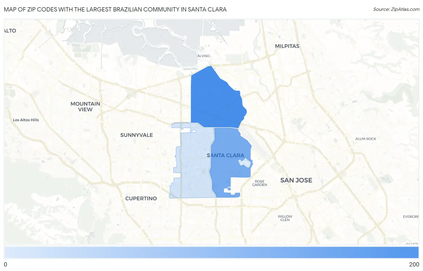 Zip Codes with the Largest Brazilian Community in Santa Clara Map