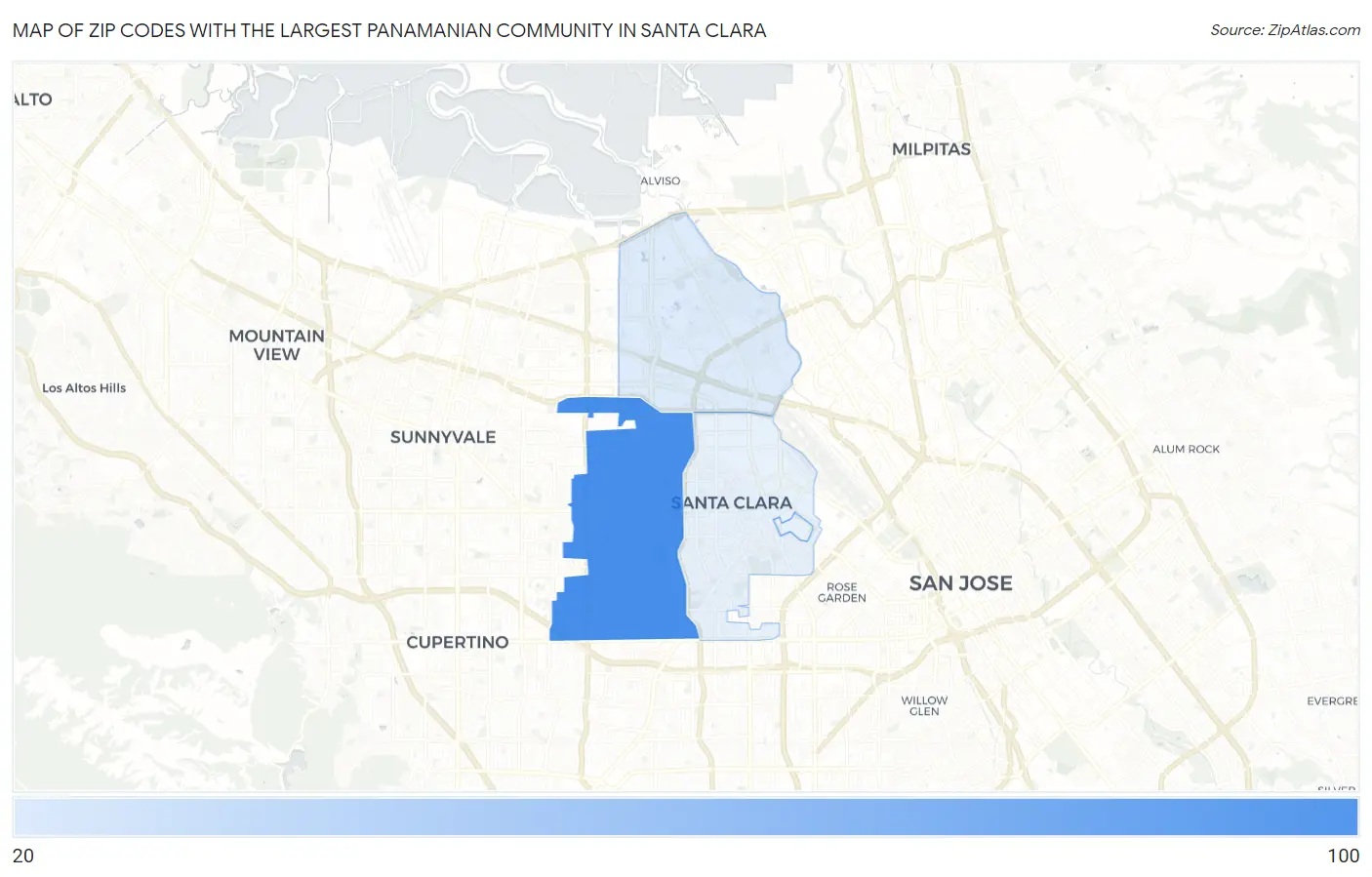 Zip Codes with the Largest Panamanian Community in Santa Clara Map