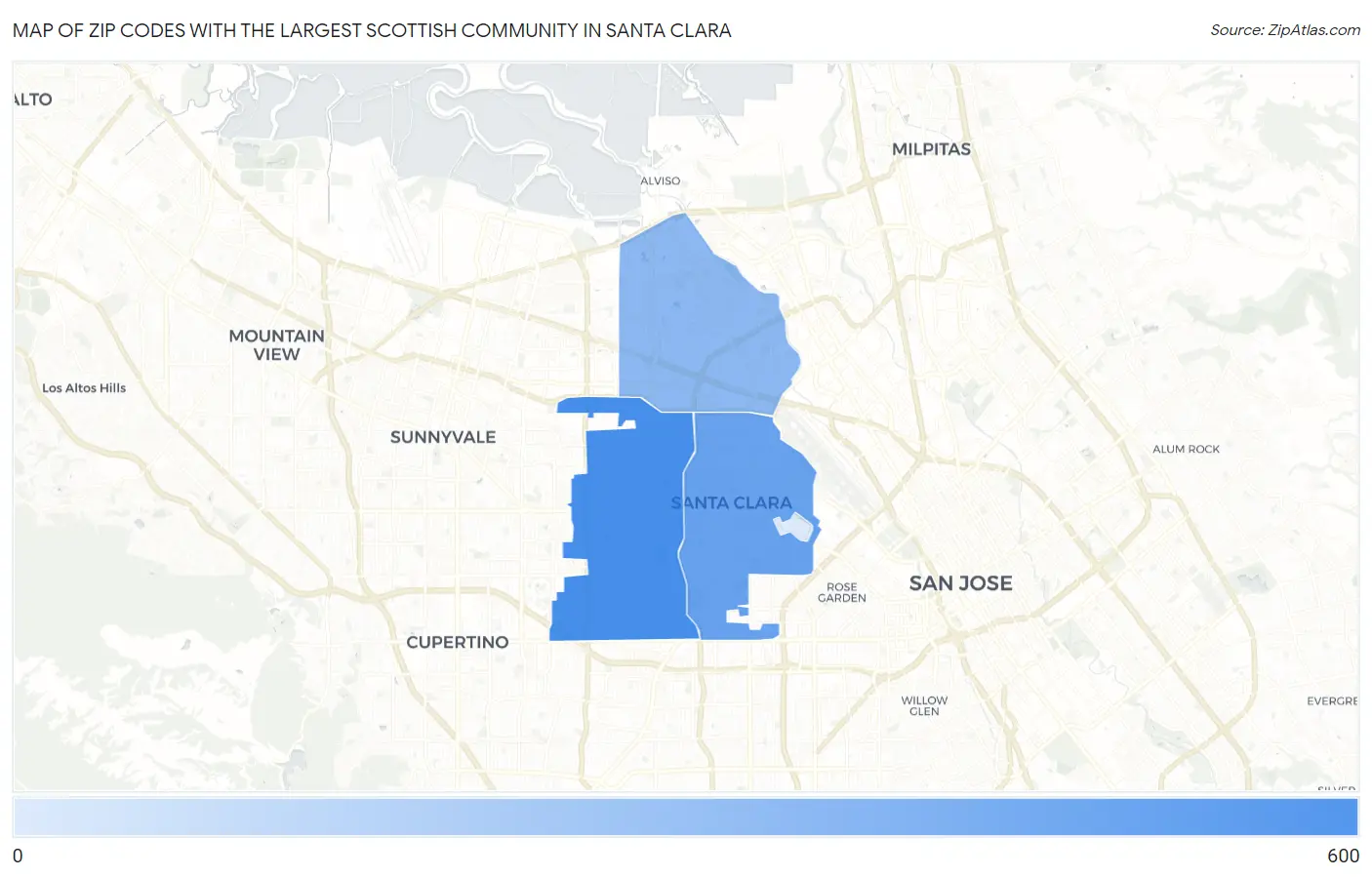 Zip Codes with the Largest Scottish Community in Santa Clara Map