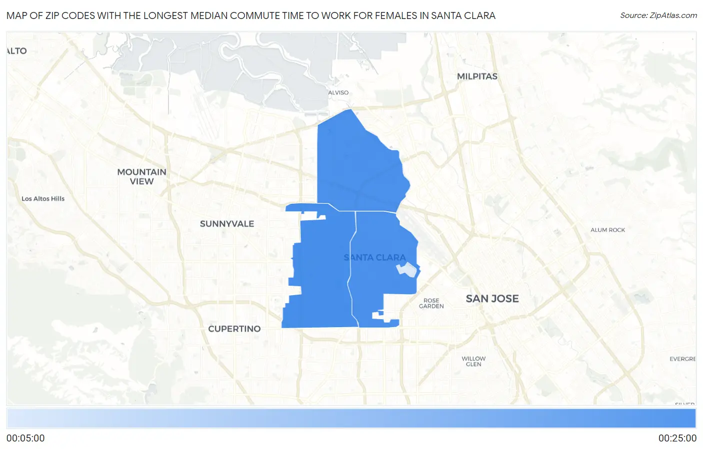 Zip Codes with the Longest Median Commute Time to Work for Females in Santa Clara Map