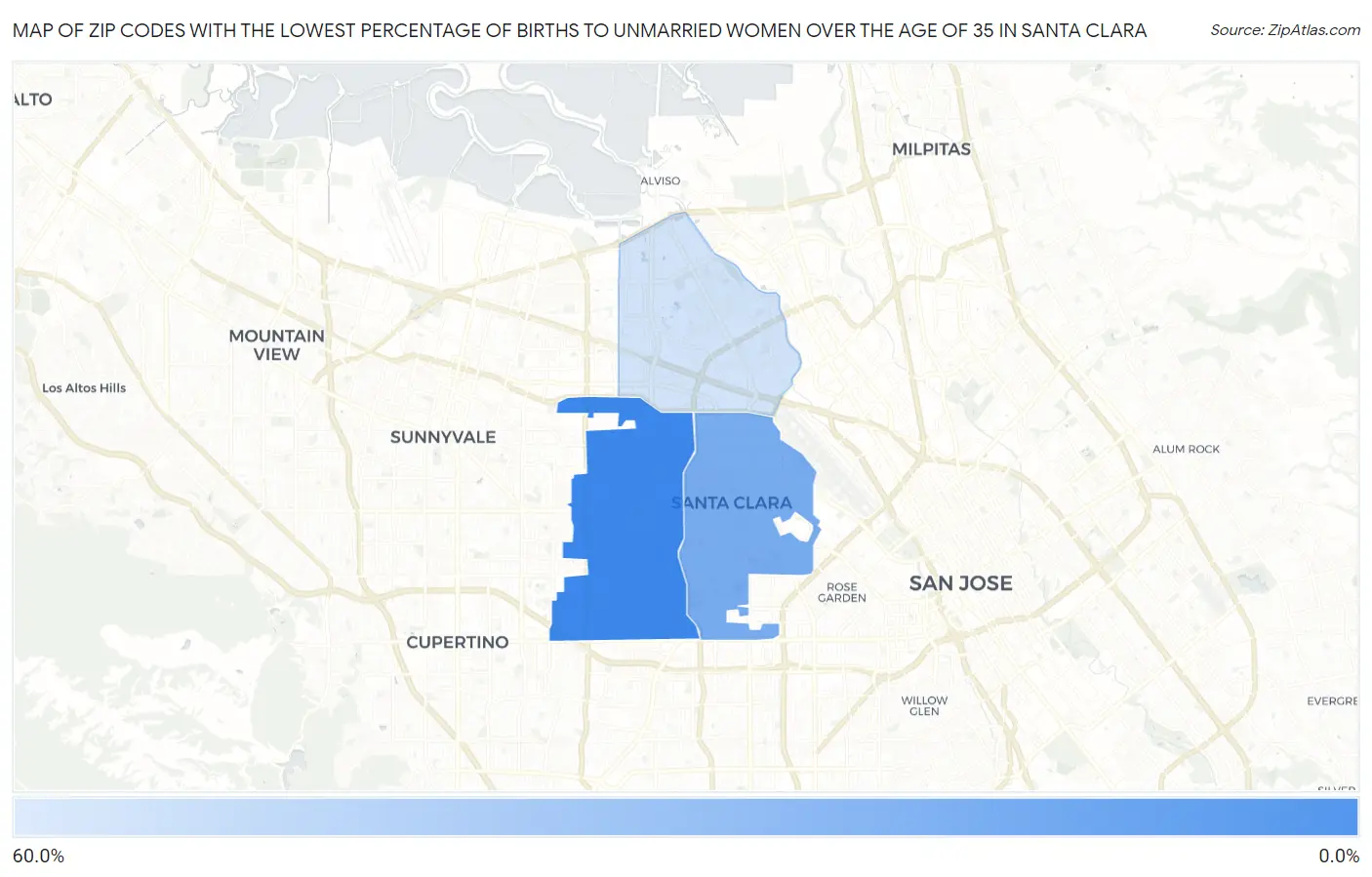 Zip Codes with the Lowest Percentage of Births to Unmarried Women over the Age of 35 in Santa Clara Map