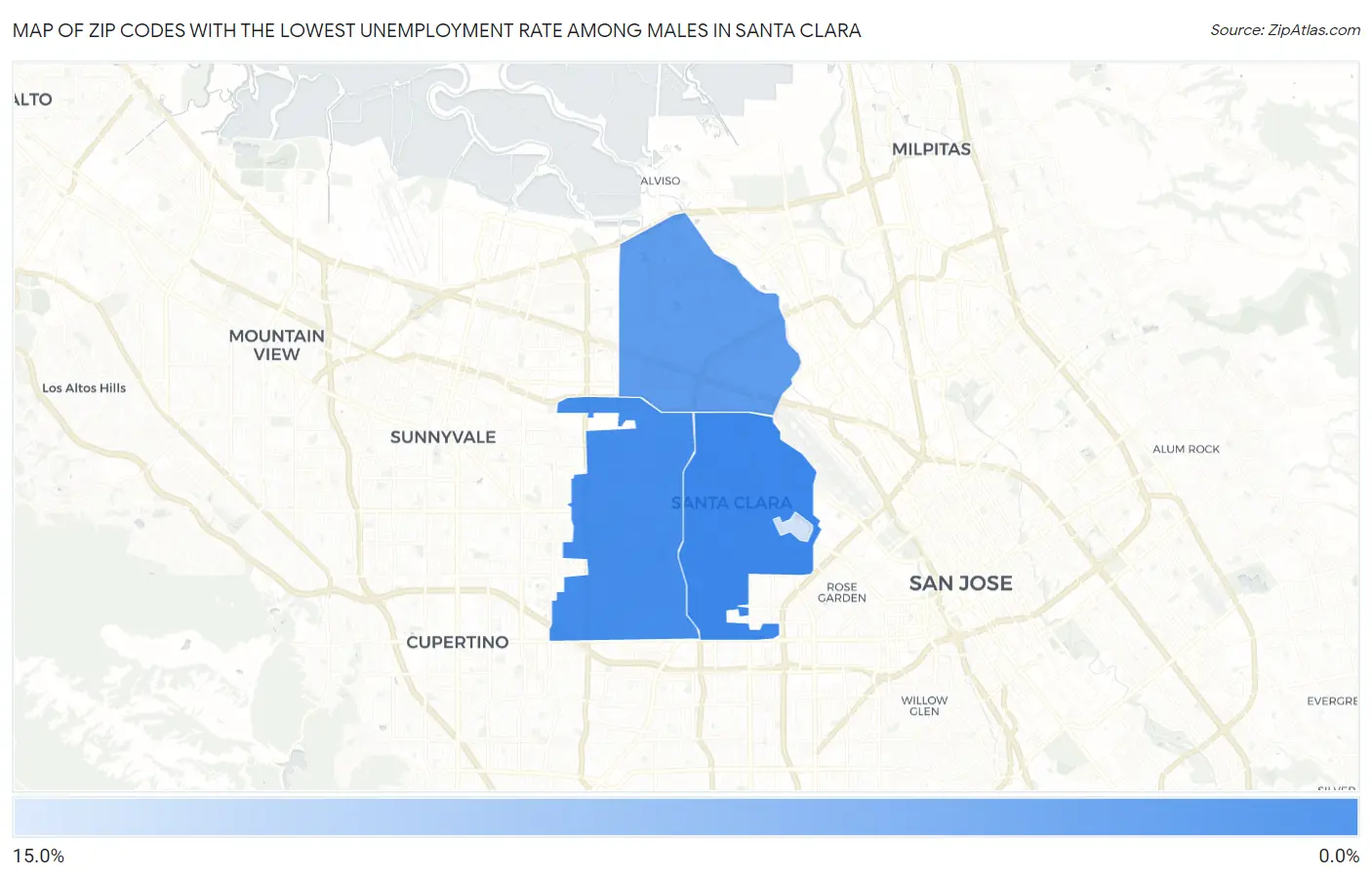 Zip Codes with the Lowest Unemployment Rate Among Males in Santa Clara Map