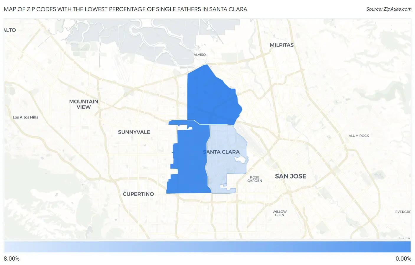 Zip Codes with the Lowest Percentage of Single Fathers in Santa Clara Map