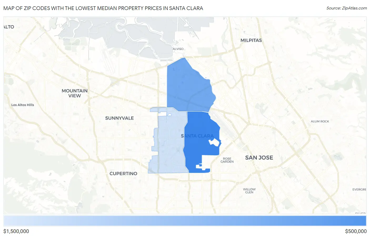 Zip Codes with the Lowest Median Property Prices in Santa Clara Map