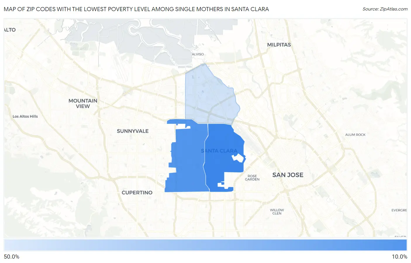 Zip Codes with the Lowest Poverty Level Among Single Mothers in Santa Clara Map