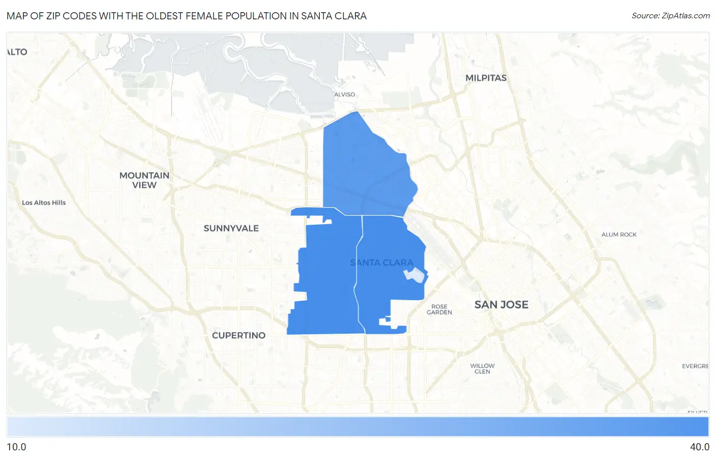 Zip Codes with the Oldest Female Population in Santa Clara Map