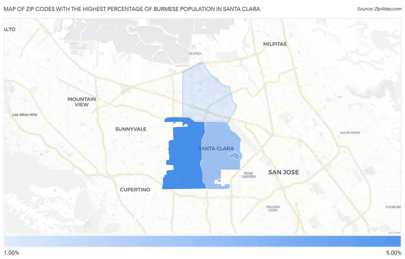 Zip Codes with the Highest Percentage of Burmese Population in Santa Clara Map