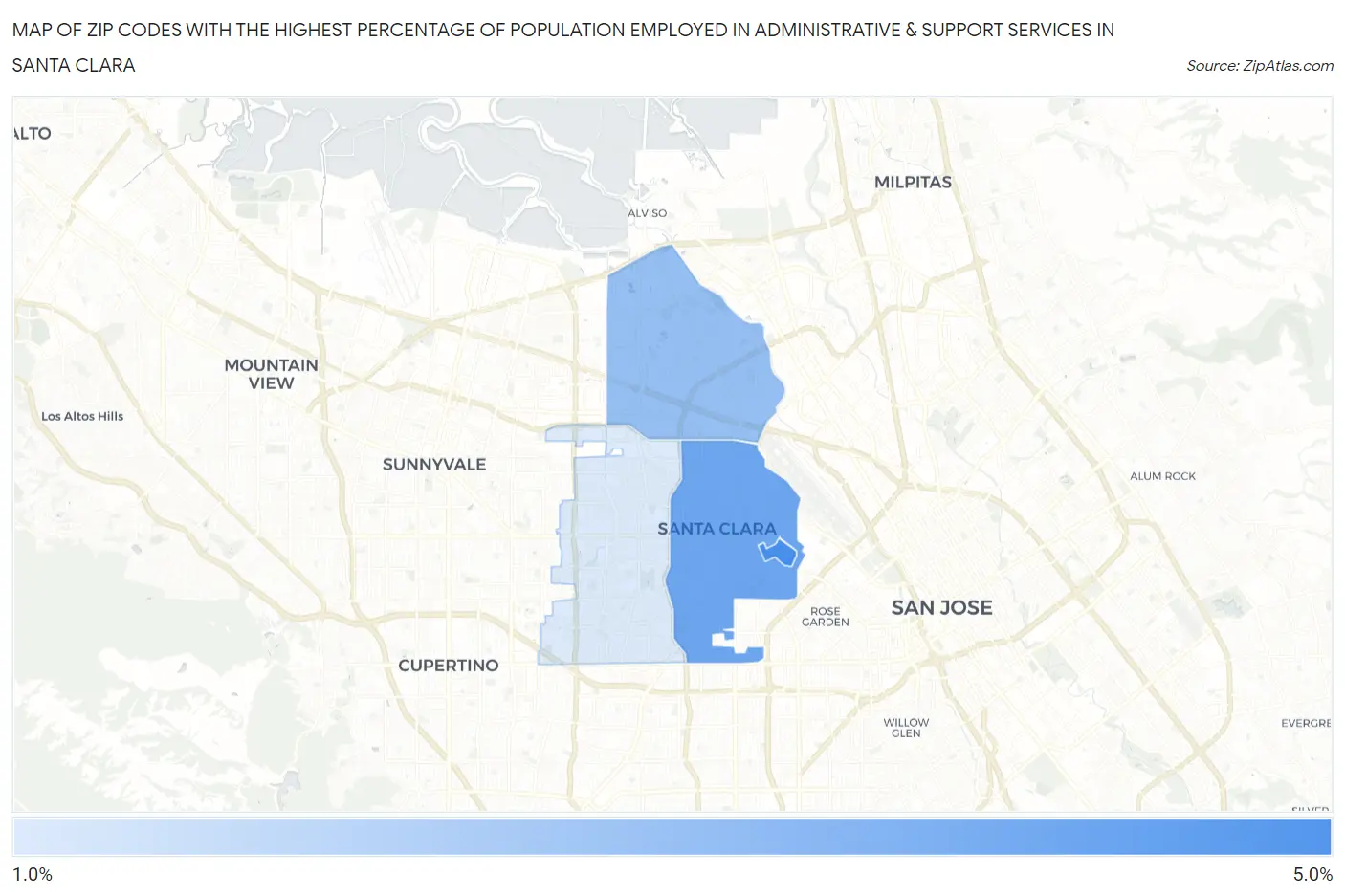 Zip Codes with the Highest Percentage of Population Employed in Administrative & Support Services in Santa Clara Map