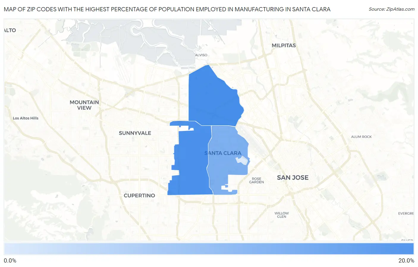 Zip Codes with the Highest Percentage of Population Employed in Manufacturing in Santa Clara Map