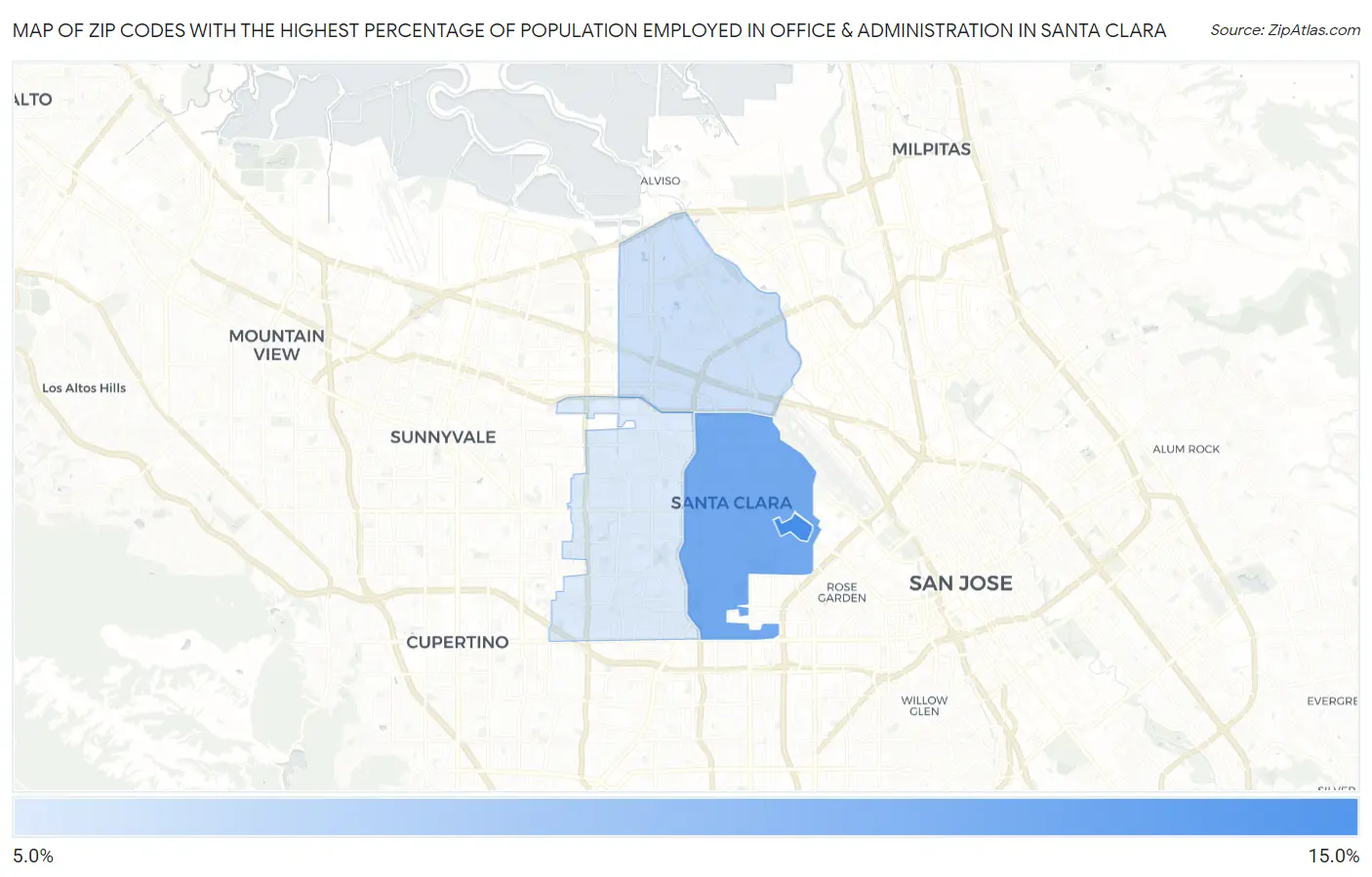 Zip Codes with the Highest Percentage of Population Employed in Office & Administration in Santa Clara Map