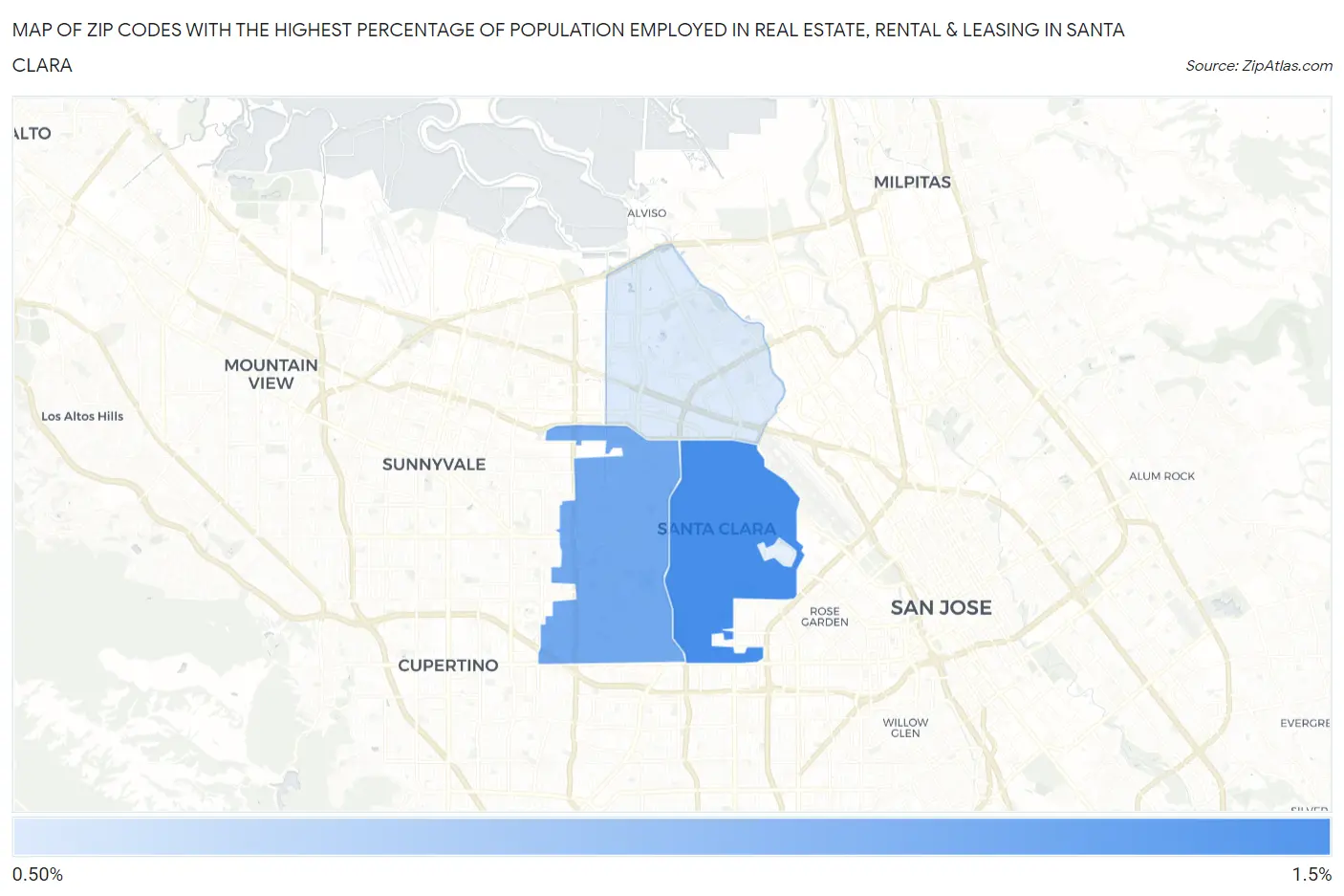 Zip Codes with the Highest Percentage of Population Employed in Real Estate, Rental & Leasing in Santa Clara Map
