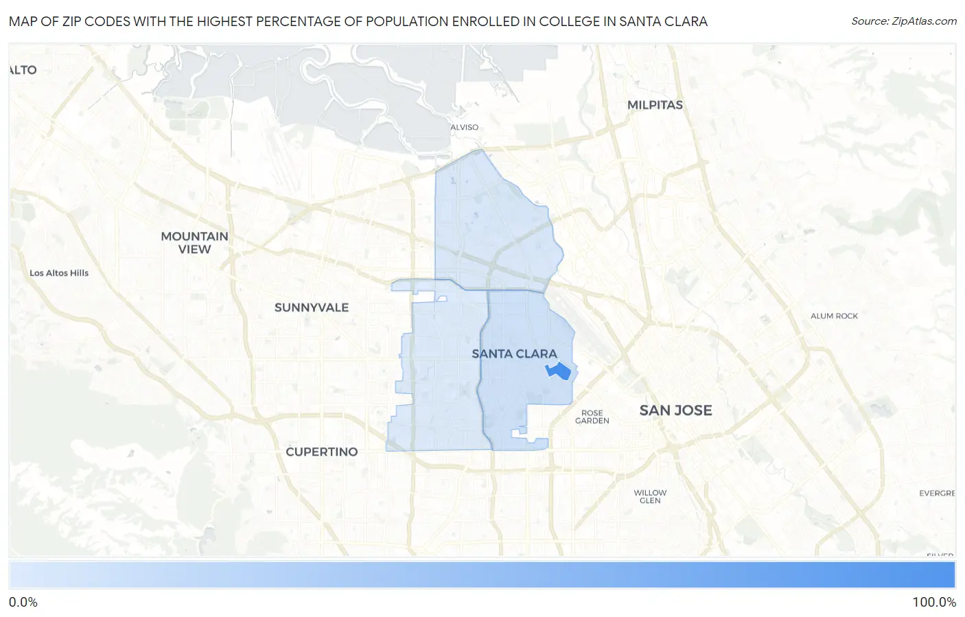 Zip Codes with the Highest Percentage of Population Enrolled in College in Santa Clara Map