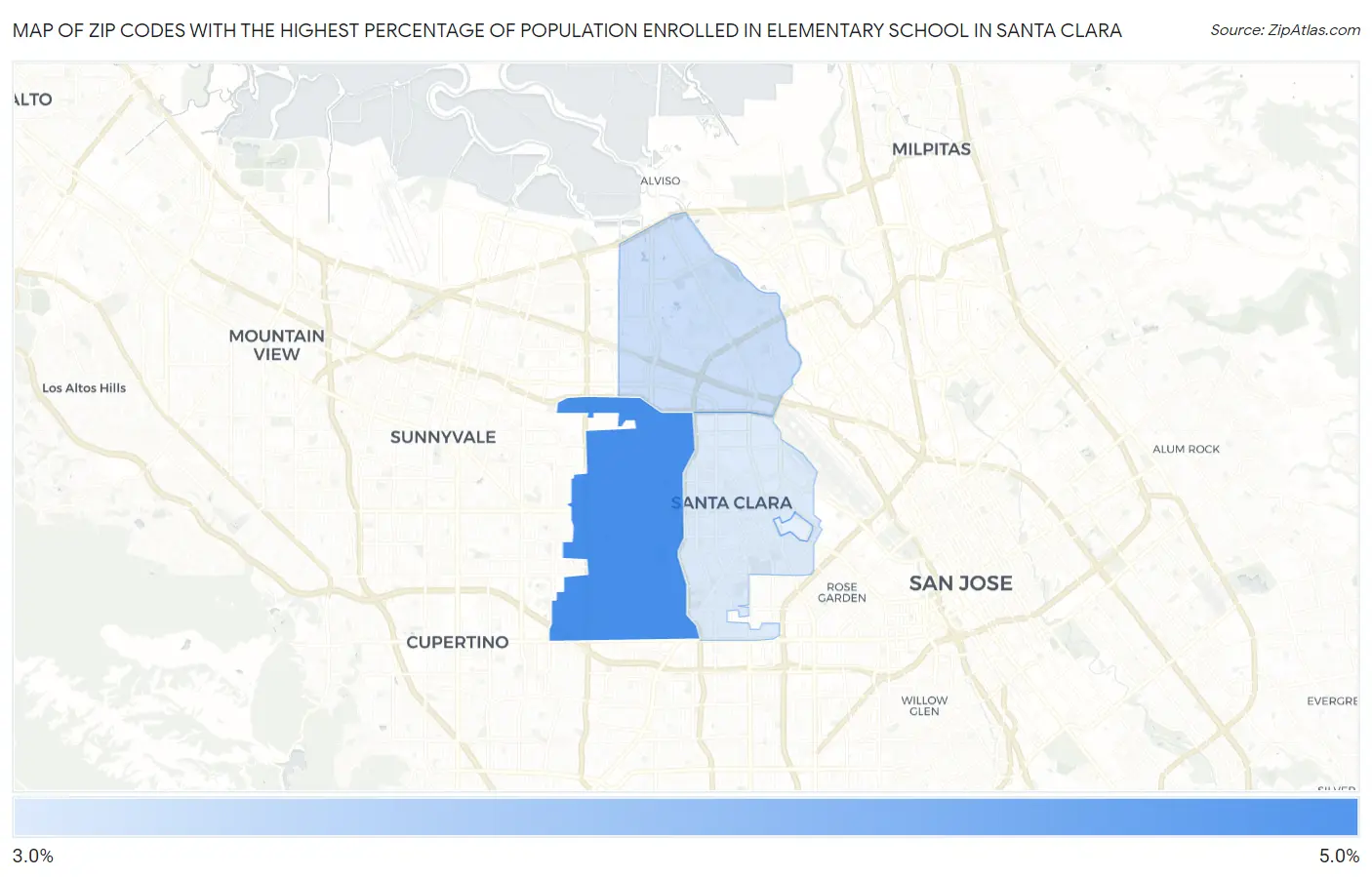 Zip Codes with the Highest Percentage of Population Enrolled in Elementary School in Santa Clara Map