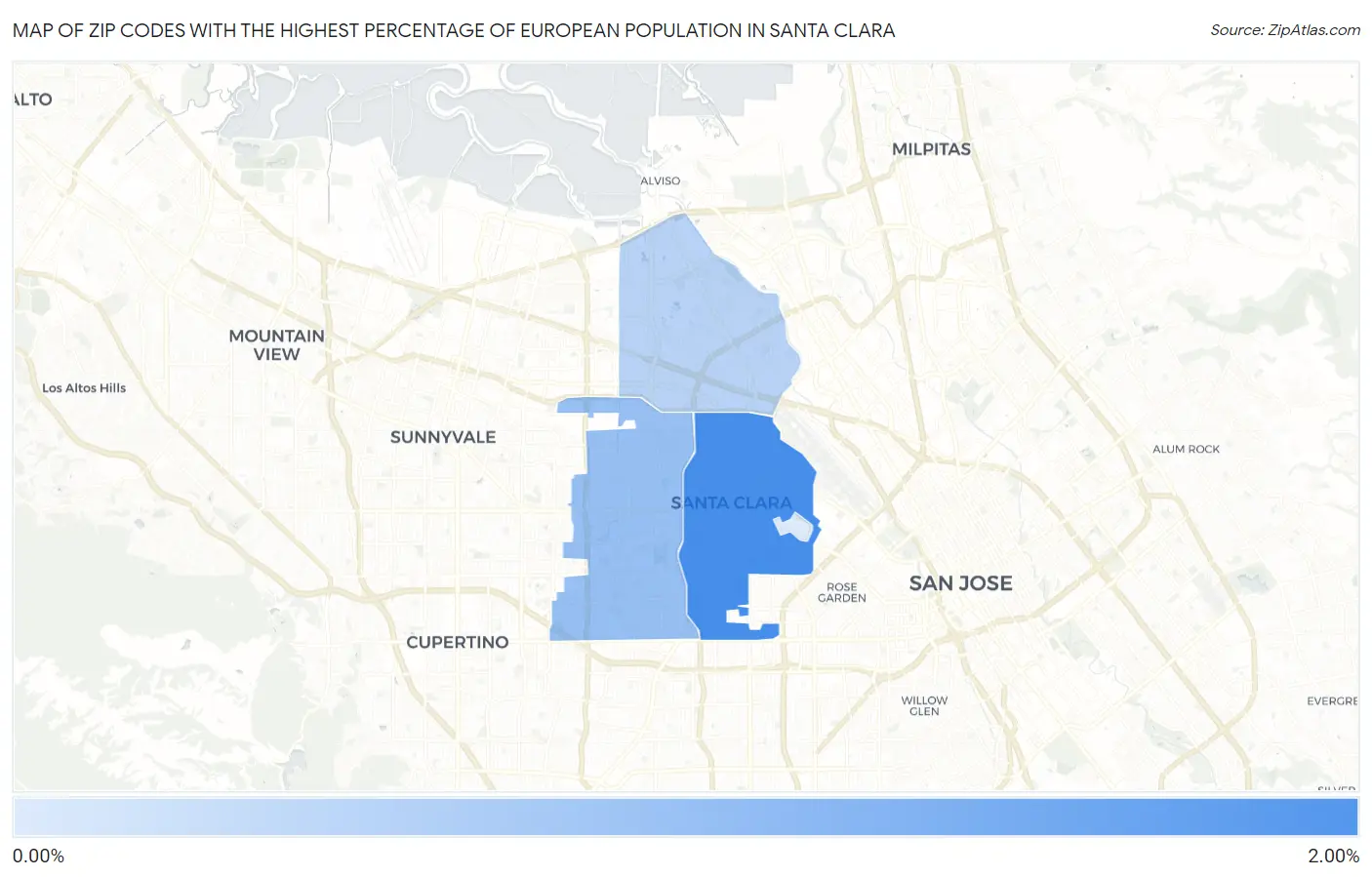 Zip Codes with the Highest Percentage of European Population in Santa Clara Map