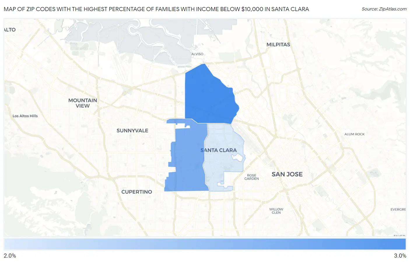 Zip Codes with the Highest Percentage of Families with Income Below $10,000 in Santa Clara Map
