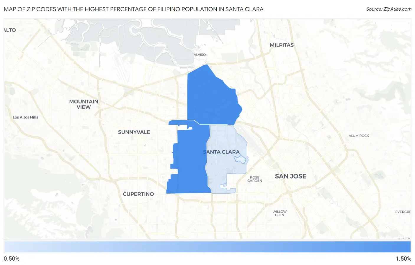 Zip Codes with the Highest Percentage of Filipino Population in Santa Clara Map