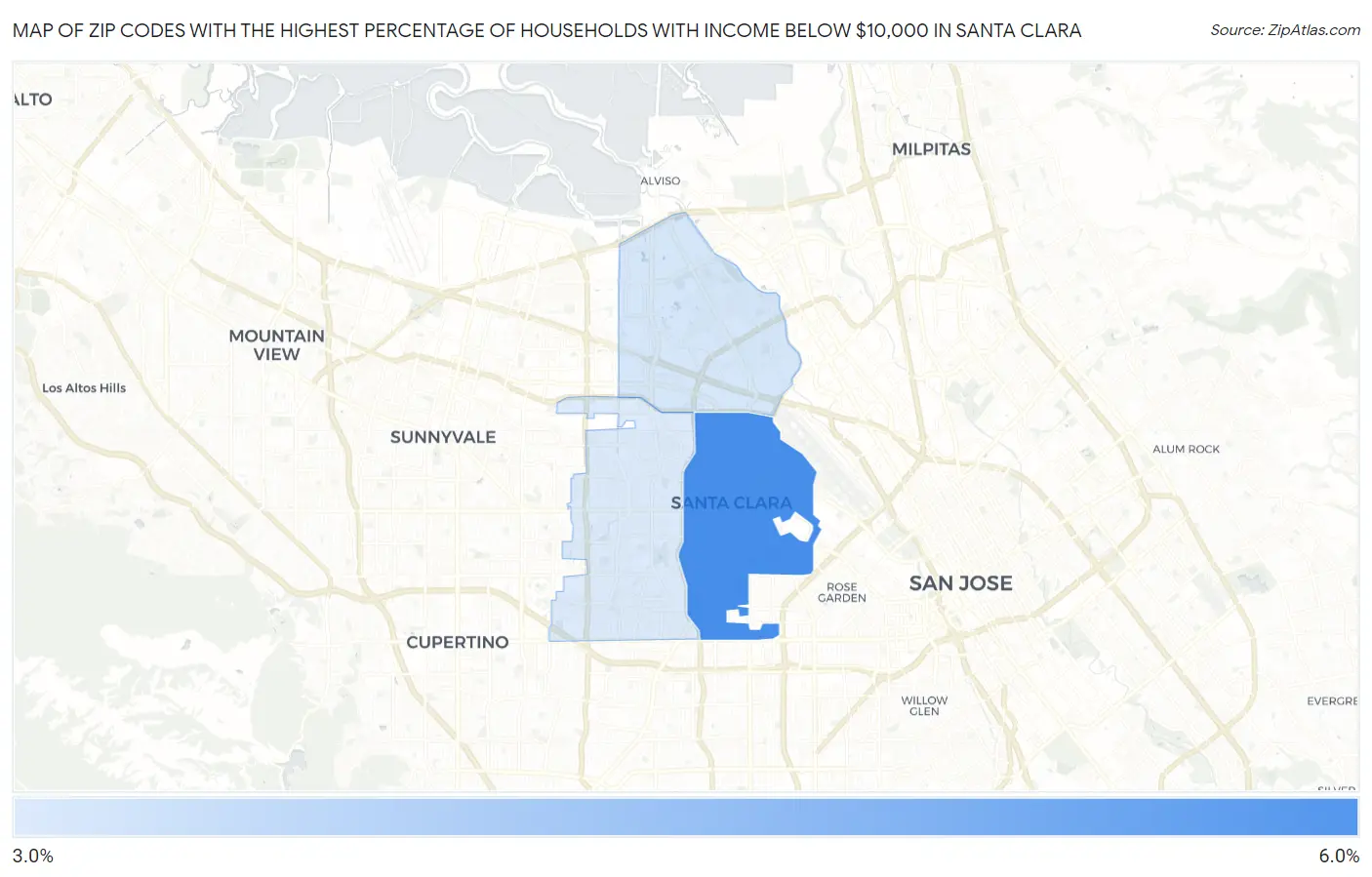Zip Codes with the Highest Percentage of Households with Income Below $10,000 in Santa Clara Map