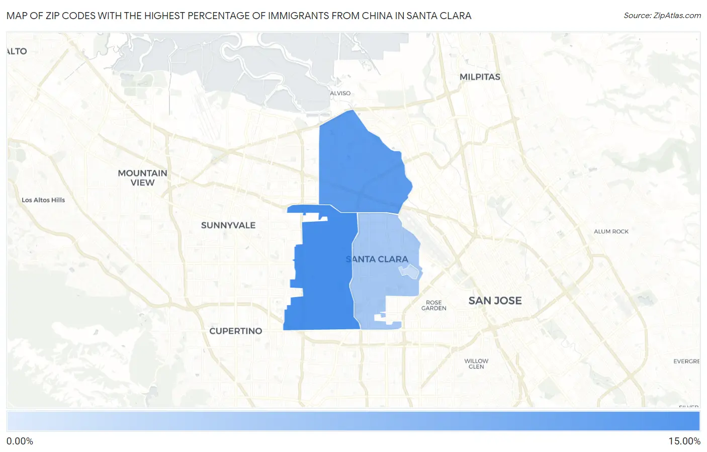 Zip Codes with the Highest Percentage of Immigrants from China in Santa Clara Map