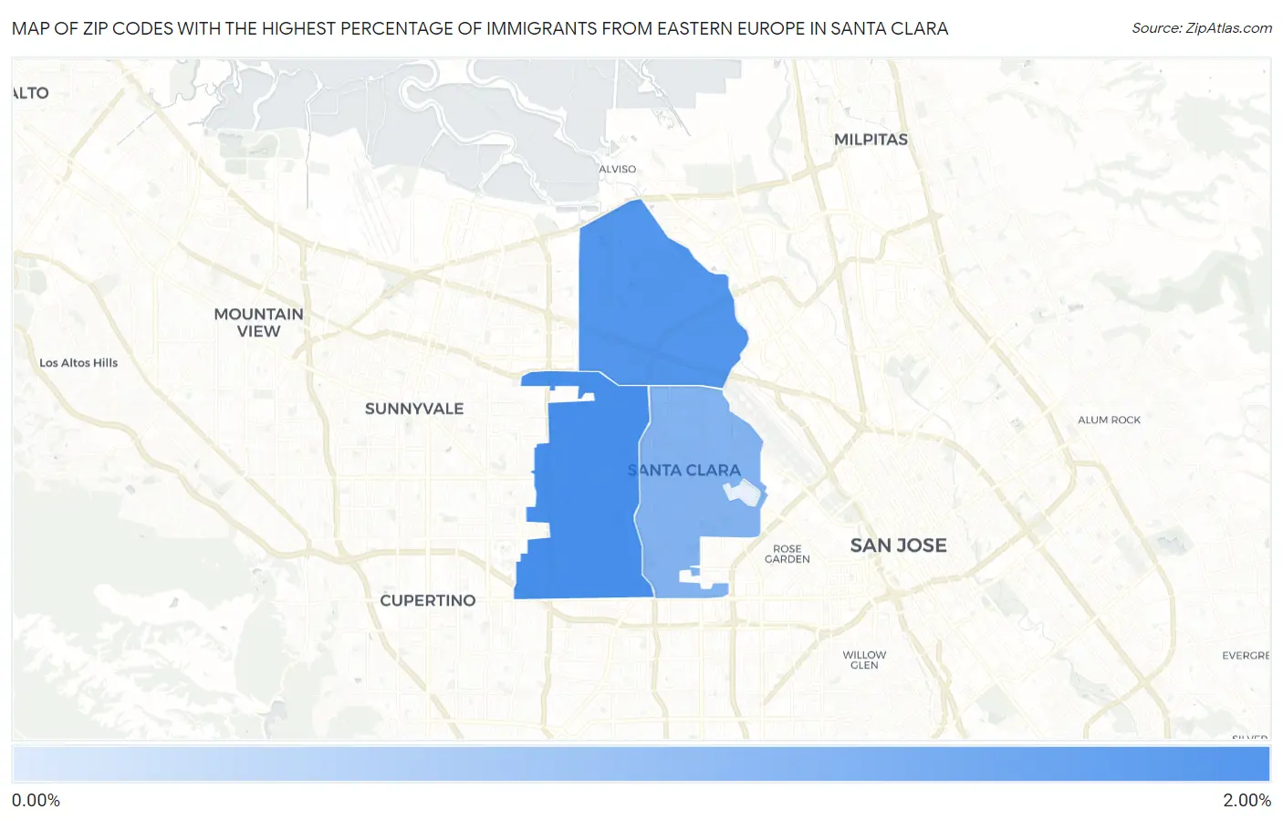 Zip Codes with the Highest Percentage of Immigrants from Eastern Europe in Santa Clara Map