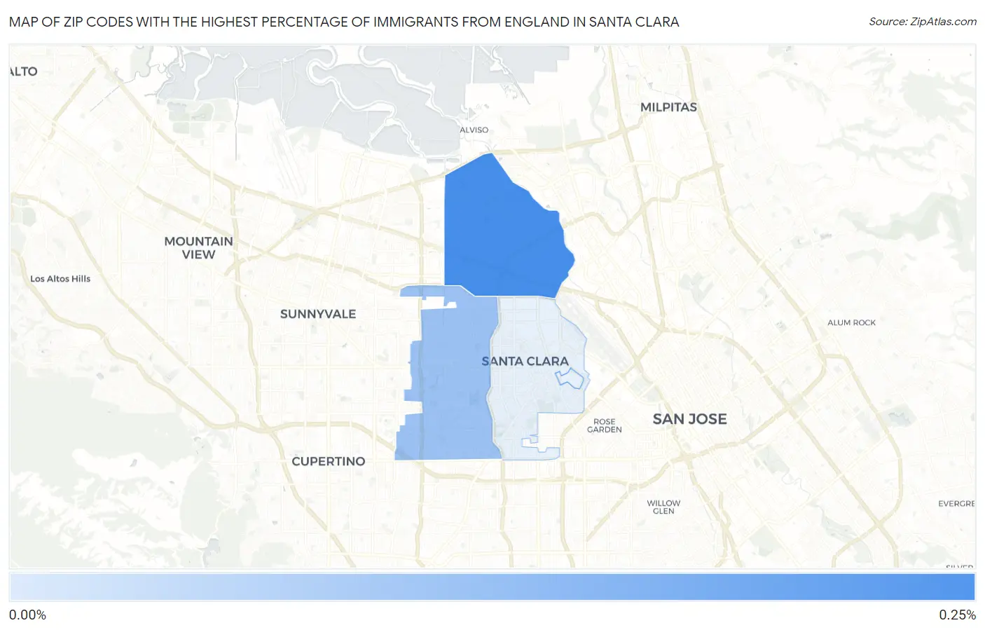 Zip Codes with the Highest Percentage of Immigrants from England in Santa Clara Map