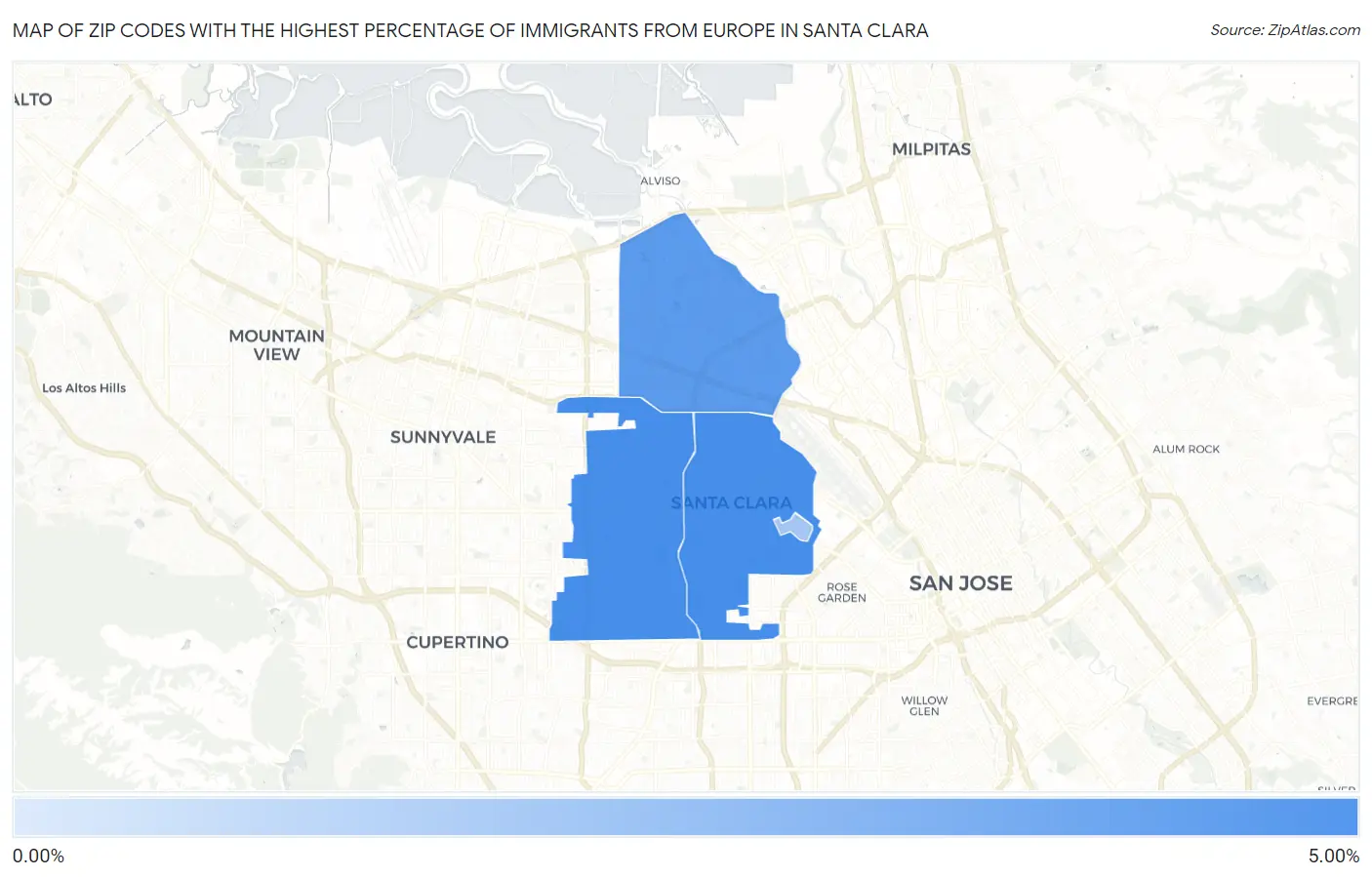 Zip Codes with the Highest Percentage of Immigrants from Europe in Santa Clara Map