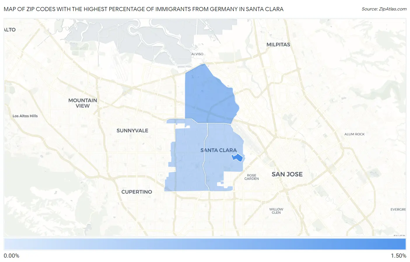 Zip Codes with the Highest Percentage of Immigrants from Germany in Santa Clara Map