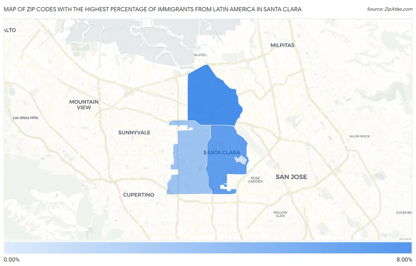 Zip Codes with the Highest Percentage of Immigrants from Latin America in Santa Clara Map