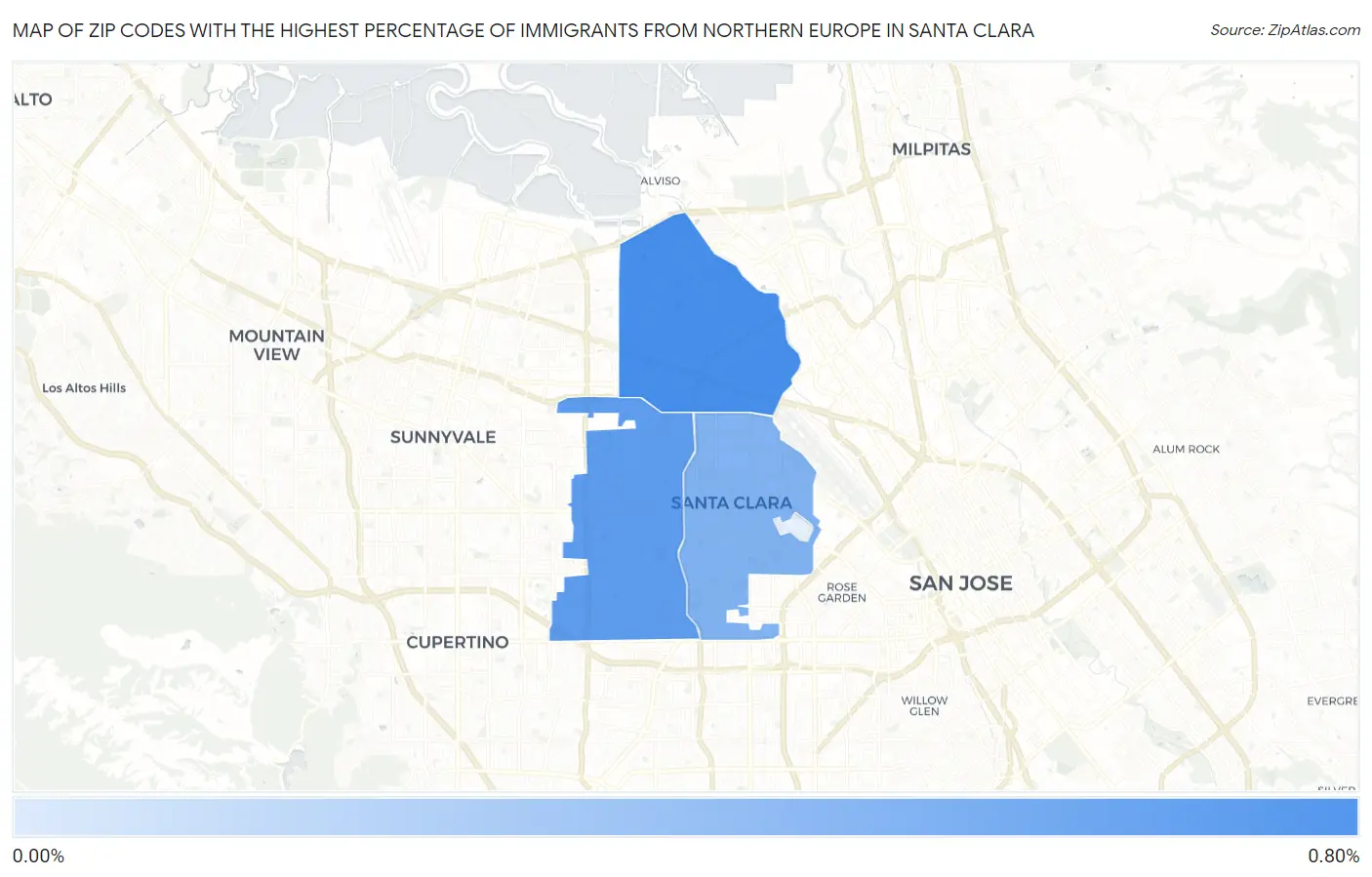 Zip Codes with the Highest Percentage of Immigrants from Northern Europe in Santa Clara Map