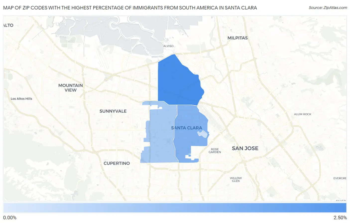 Zip Codes with the Highest Percentage of Immigrants from South America in Santa Clara Map