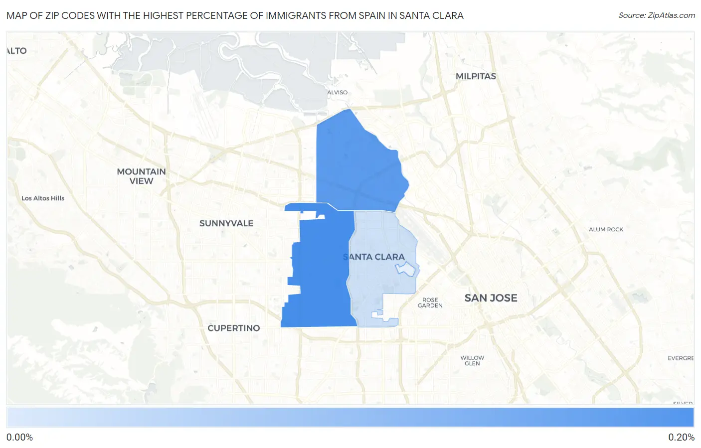 Zip Codes with the Highest Percentage of Immigrants from Spain in Santa Clara Map