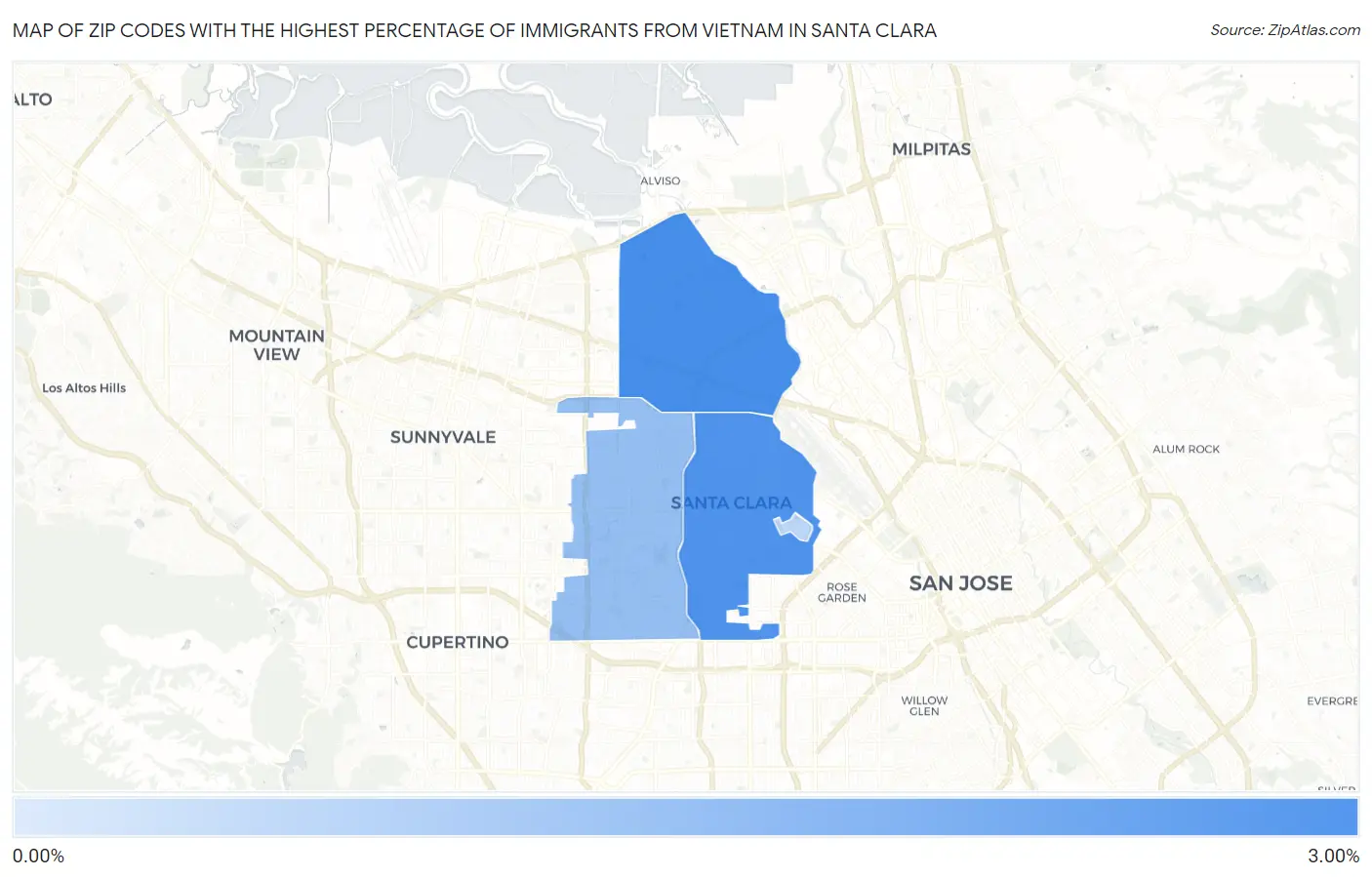 Zip Codes with the Highest Percentage of Immigrants from Vietnam in Santa Clara Map