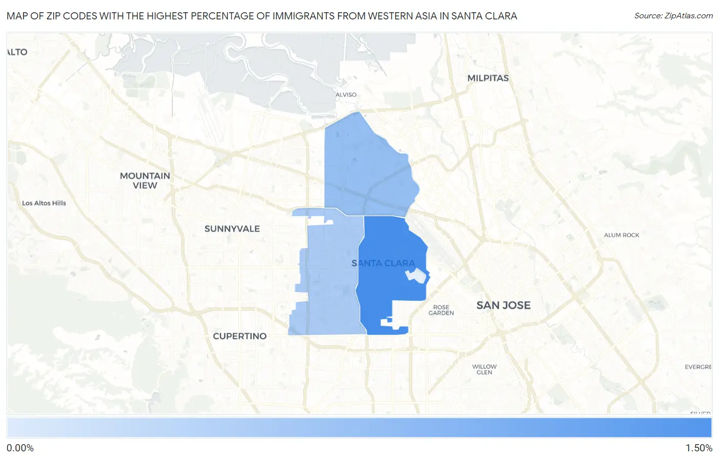 Zip Codes with the Highest Percentage of Immigrants from Western Asia in Santa Clara Map