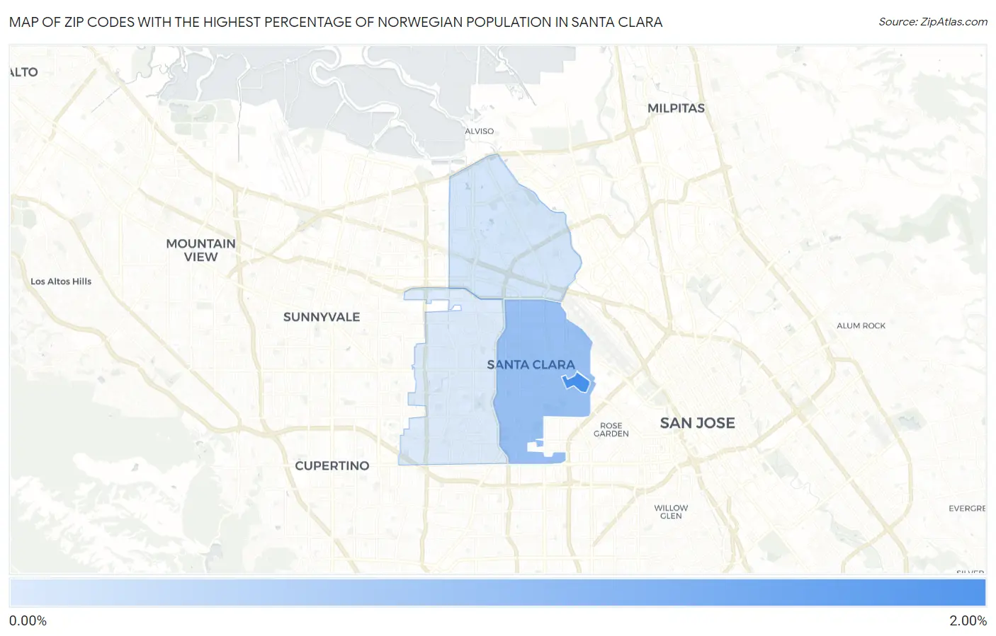 Zip Codes with the Highest Percentage of Norwegian Population in Santa Clara Map