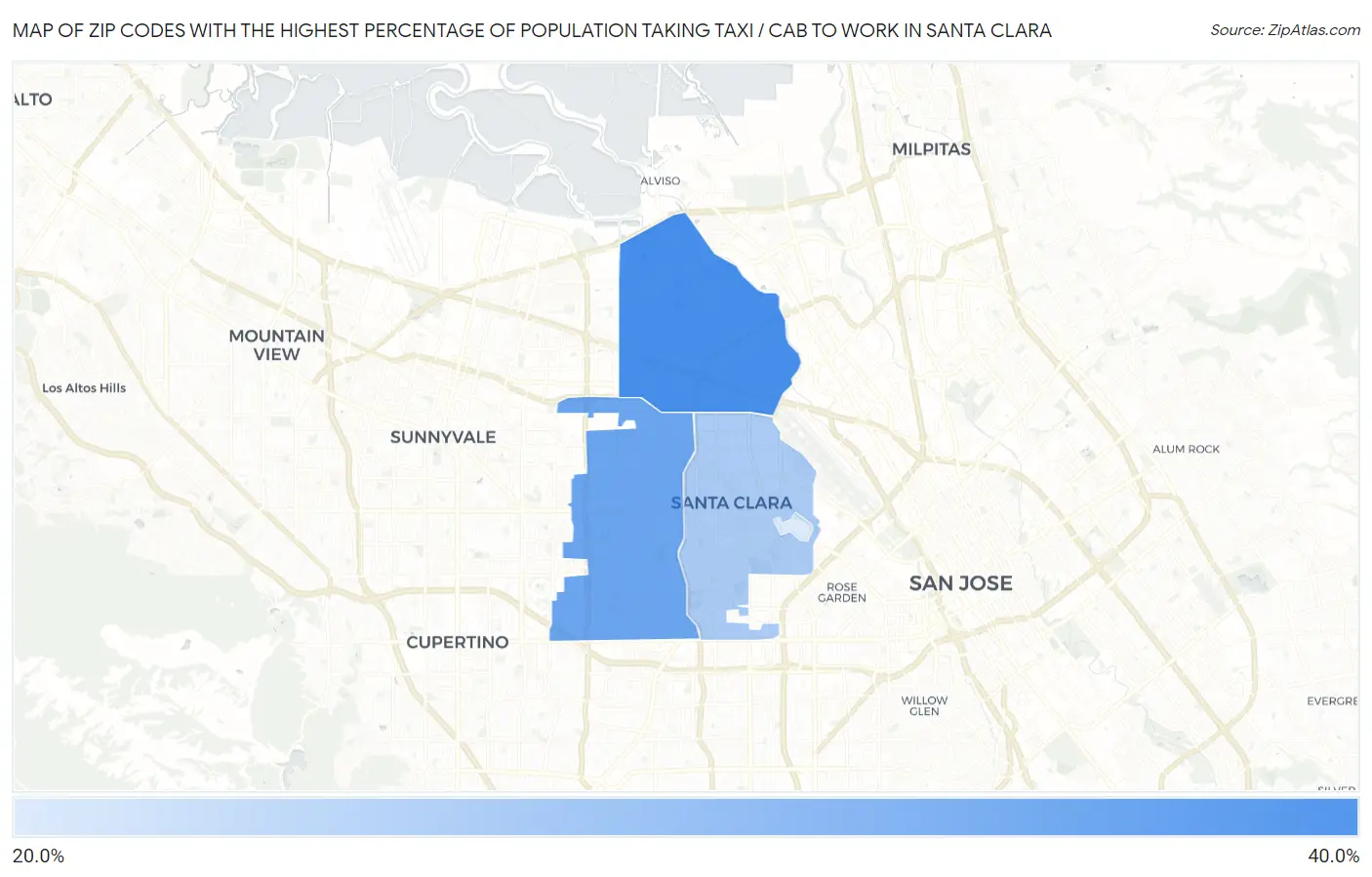Zip Codes with the Highest Percentage of Population Taking Taxi / Cab to Work in Santa Clara Map