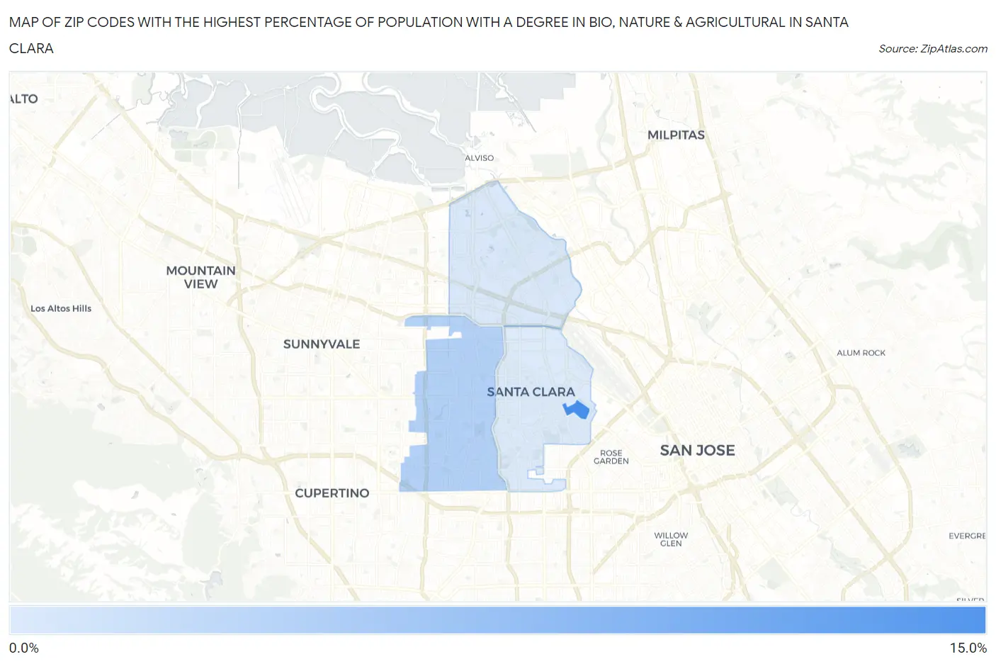 Zip Codes with the Highest Percentage of Population with a Degree in Bio, Nature & Agricultural in Santa Clara Map