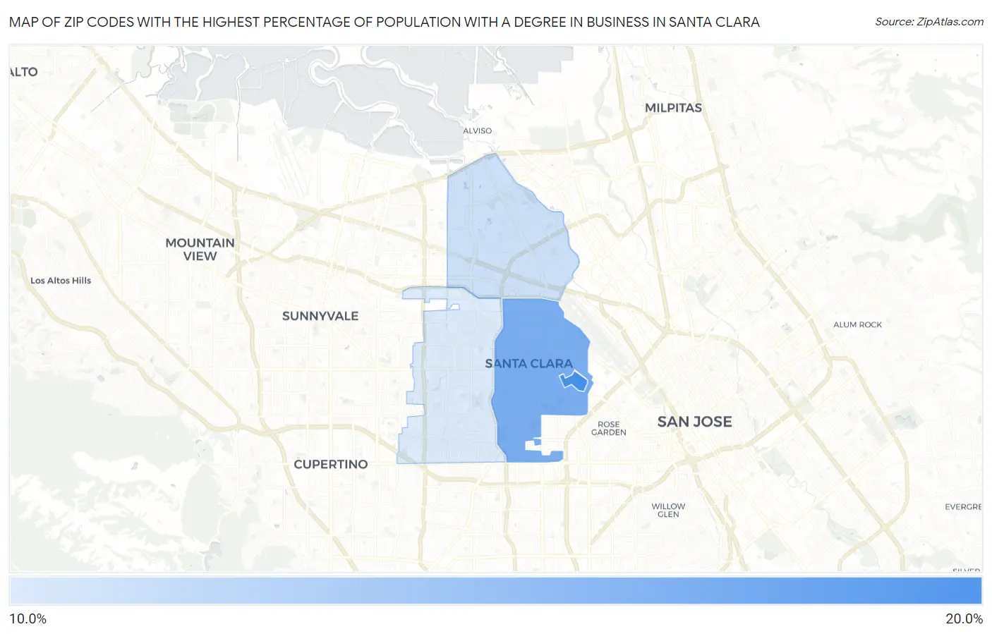 Zip Codes with the Highest Percentage of Population with a Degree in Business in Santa Clara Map
