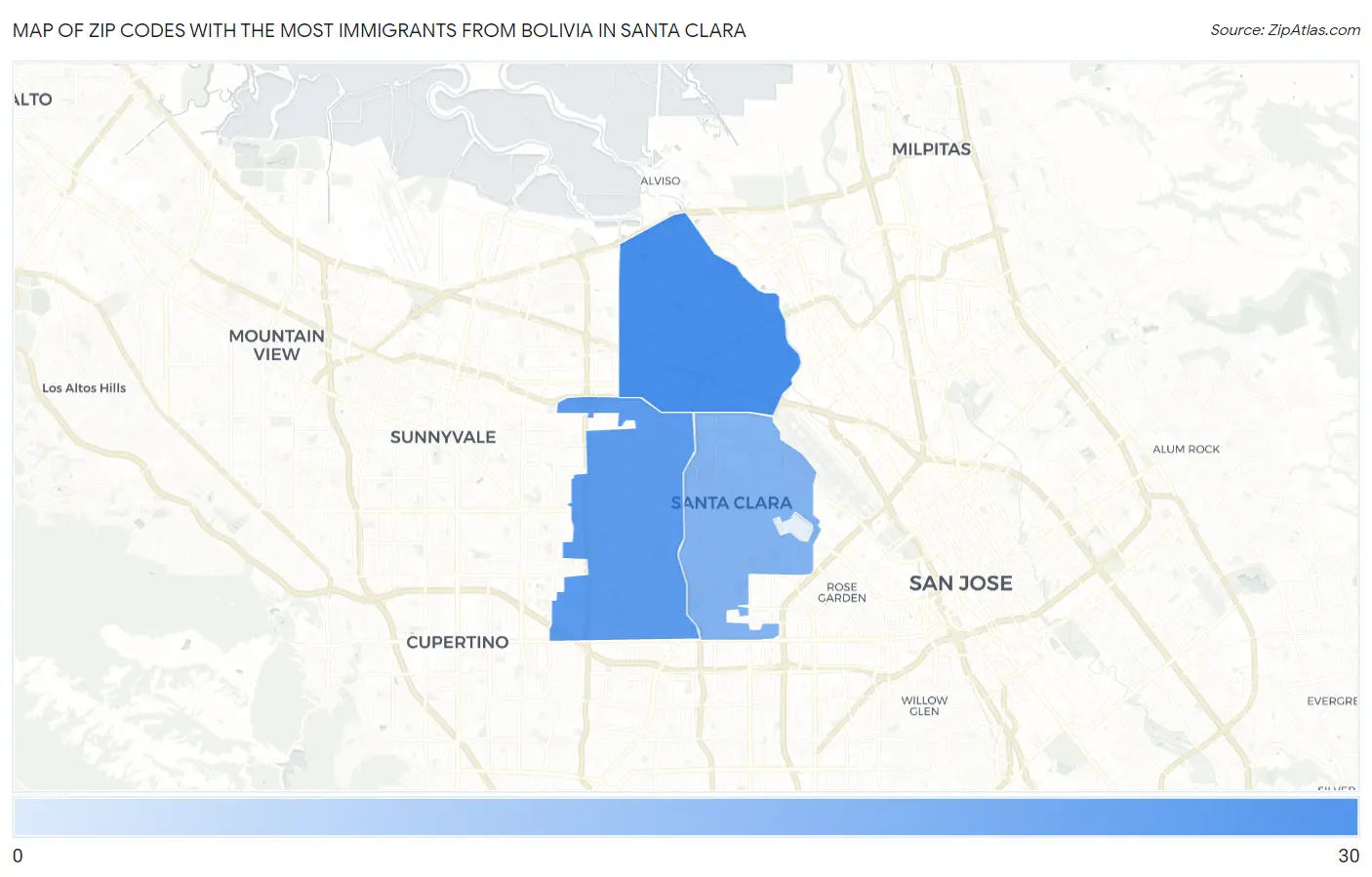 Zip Codes with the Most Immigrants from Bolivia in Santa Clara Map