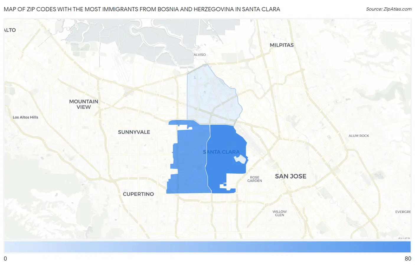 Zip Codes with the Most Immigrants from Bosnia and Herzegovina in Santa Clara Map