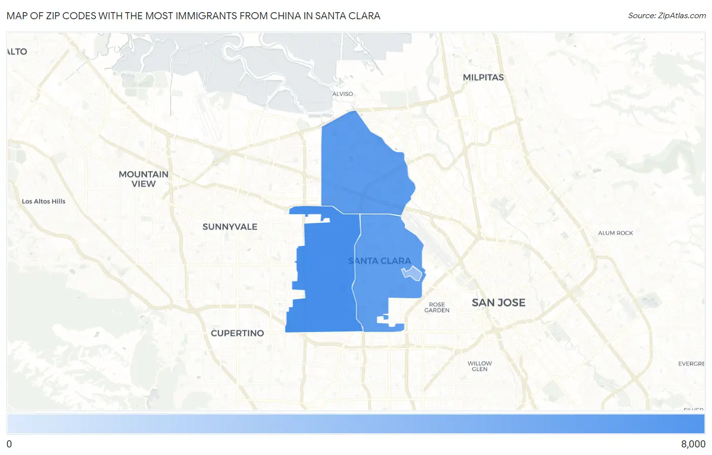 Zip Codes with the Most Immigrants from China in Santa Clara Map