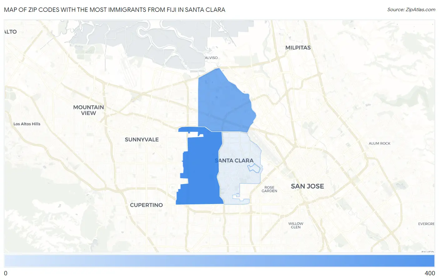Zip Codes with the Most Immigrants from Fiji in Santa Clara Map