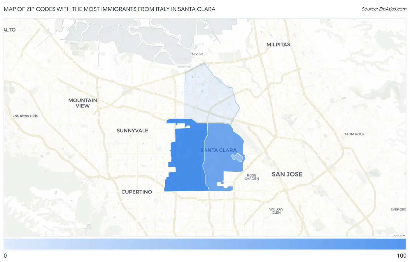 Zip Codes with the Most Immigrants from Italy in Santa Clara Map