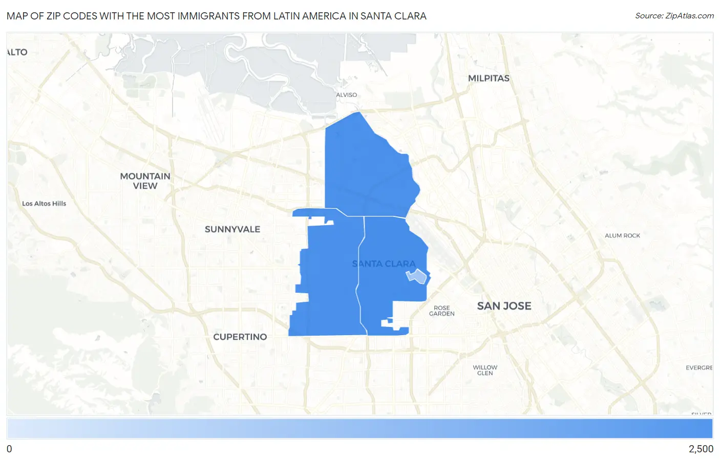 Zip Codes with the Most Immigrants from Latin America in Santa Clara Map