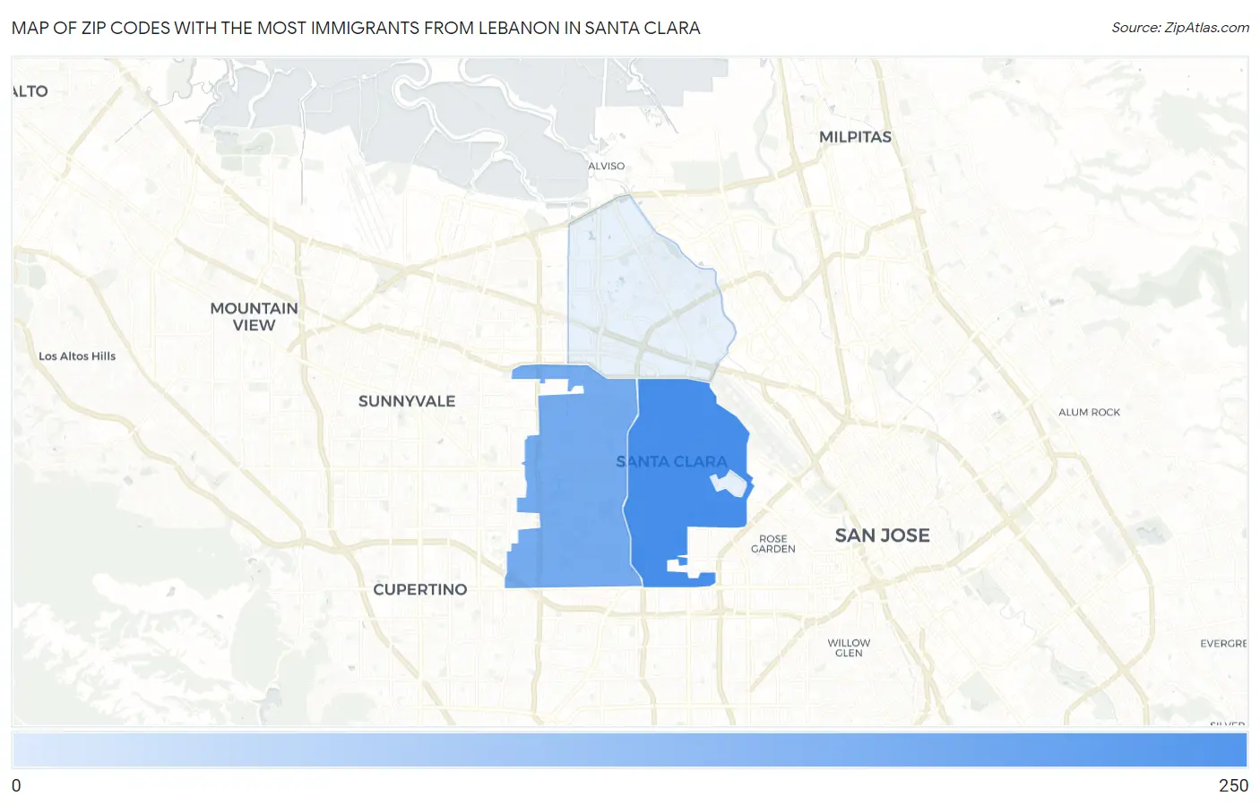 Zip Codes with the Most Immigrants from Lebanon in Santa Clara Map