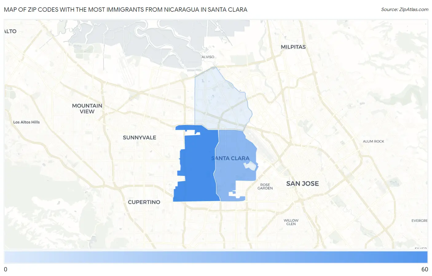 Zip Codes with the Most Immigrants from Nicaragua in Santa Clara Map