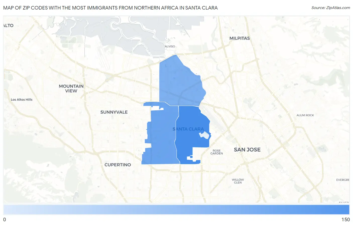 Zip Codes with the Most Immigrants from Northern Africa in Santa Clara Map