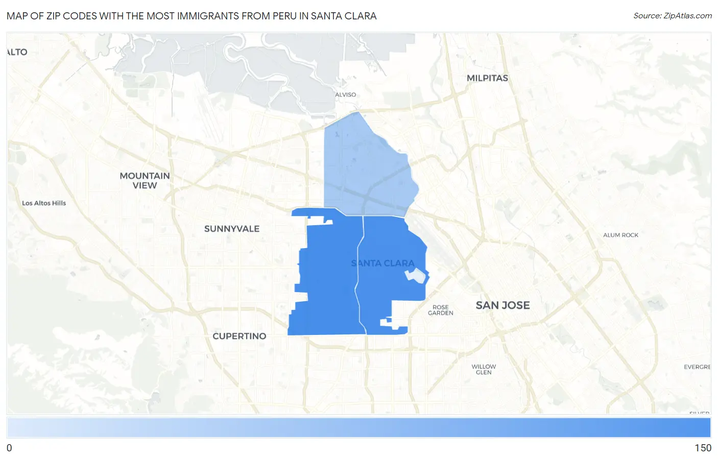 Zip Codes with the Most Immigrants from Peru in Santa Clara Map